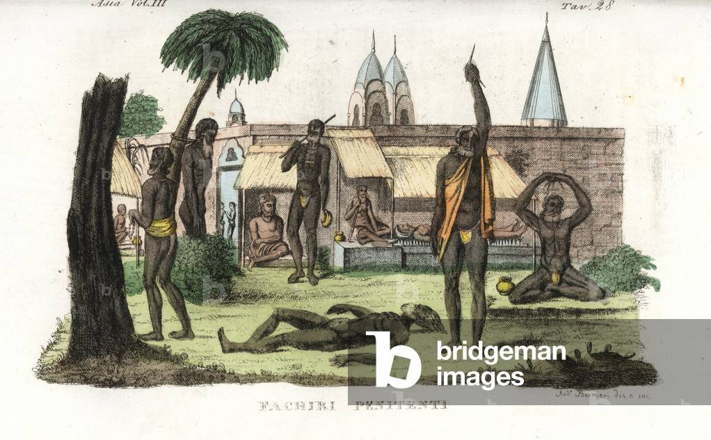 Muslim fakir or faqir penitents performing prayers and mortification. Udbahu with raised arm, and others praying standing, seated or lying down. Handcoloured copperplate drawn and engraved by Andrea Bernieri after Francois Solvyns from Giulio Ferrario's Ancient and Modern Costumes of all the Peoples of the World, Florence, Italy, 1844.