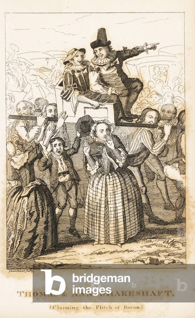 Thomas and Ann Shakeshaft carried on a sedan chair by villagers to claim the Flitch of Bacon in Dunmow, Essex, 1751. Copperplate engraving after George Cruikshank from John Caulfield's Portraits, Memoirs and Characters of Remarkable Persons, Young, London, 1819.