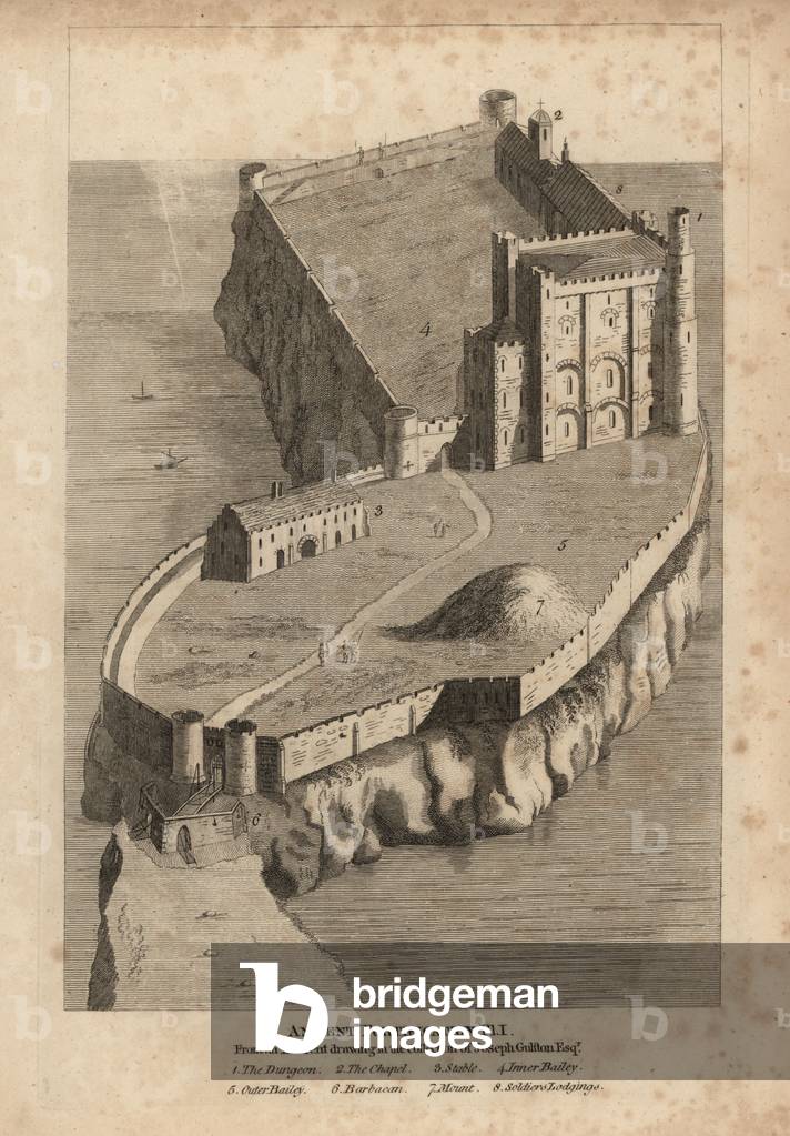 Ancient fortification: dungeon 1, chapel 2, stable 3, inner bailey 4, outer bailey 5, barbacon 6, mount 7 and soldiers' lodgings 8