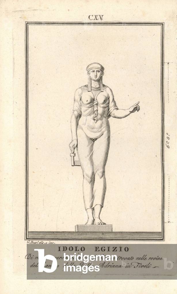 Statue of an Egyptian female idol in black marble found in the Canopus of Hadrian's Villa at Tivoli. Copperplate engraving after an illustration by Giacomo Bossi from Pietro Paolo Montagnani-Mirabilii's Il Museo Capitolino (The Capitoline Museum), Rome, 1820.