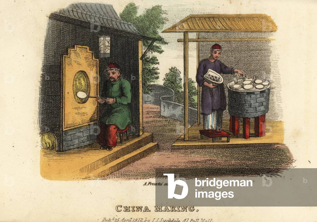 Chinese pottery making: potter firing a porcelain plate in a furnace to fix the glaze on it, and a potter firing porcelain plates over an open oven. Handcoloured copperplate engraving by Andrea Freschi after Antoine Cardon from Henri-Leonard-Jean-Baptiste Bertin and Jean Baptiste Joseph Breton's China, Its Costumes, Arts, Manufactures, etc., Howlett and Brimmer, London, 1824.