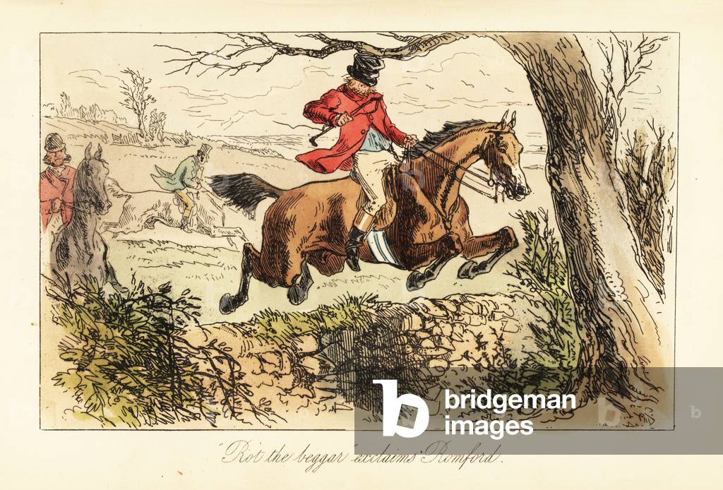 English huntsman making a dangerous jump over a stone wall beneath a low branch, 19th century