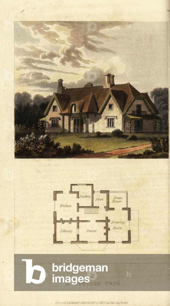 Plan and elevation of a Regency thatched cottage, 1817 (engraving)