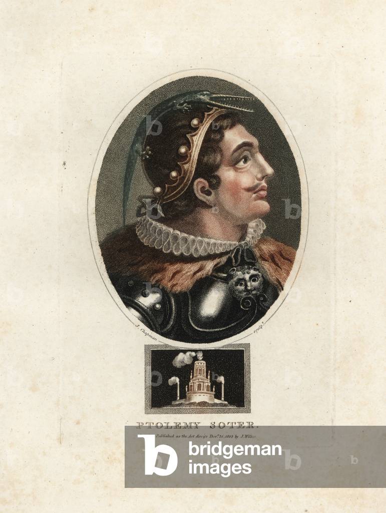 Ptolemy Soter (c.367 - 283BC) (Ptolemee I Soter) Macedonian general under Alexander the Great. Vignette shows the lighthouse of Alexandria. Handcoloured copperplate engraving by J. Chapman from John Wilkes' Encyclopedia Londinensis, 1804.