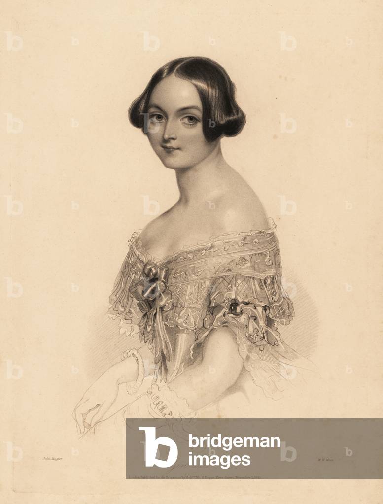 Portrait of Gertrude. Woman with her hair up, wearing off-the-shoulder dress decorated with lace and ribbons.  Steel stipple engraving by William Henry Mote after an illustration by John Hayter from Charles Heath’s English Pearls, or Portraits for the Boudoir, Tilt and Bogue, London, 1843.