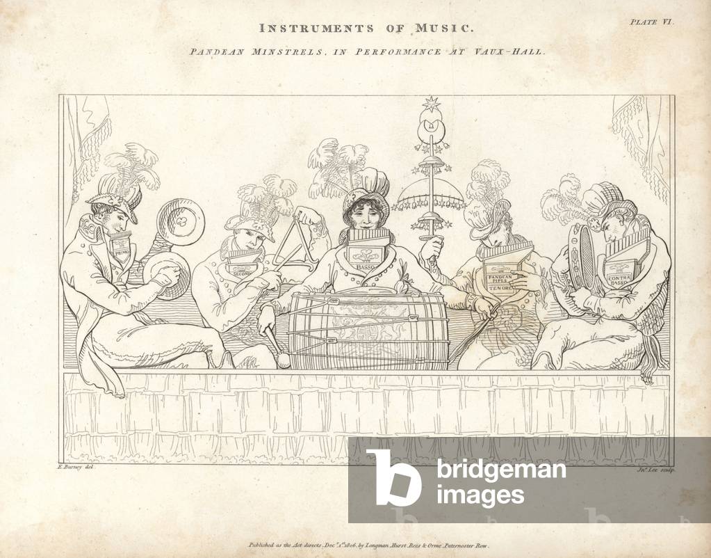 The Pandean Minstrels in performance at Vauxhall pleasure gardens circa 1800. This popular band all played pan pipes and percussion instruments such as drum, triangle, tambourine and cymbals. Copperplate engraving by John Lee after a drawing by Edward Burney from Abraham Rees' Cyclopedia or Universal Dictionary of Arts, Sciences and Literature, Longman, Hurst, Rees, Orme and Brown, London, 1820.