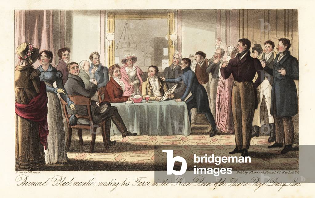 Bernard Blackmantle (Charles Molloy Westmacott) reading his Farce in the Green Room of the Theatre Royal, Drury Lane. Handcoloured copperplate drawn and engraved by Thomas Wageman from The English Spy, London, 1825. Written by Bernard Blackmantle, a pseudonym for Charles Molloy Westmacott.