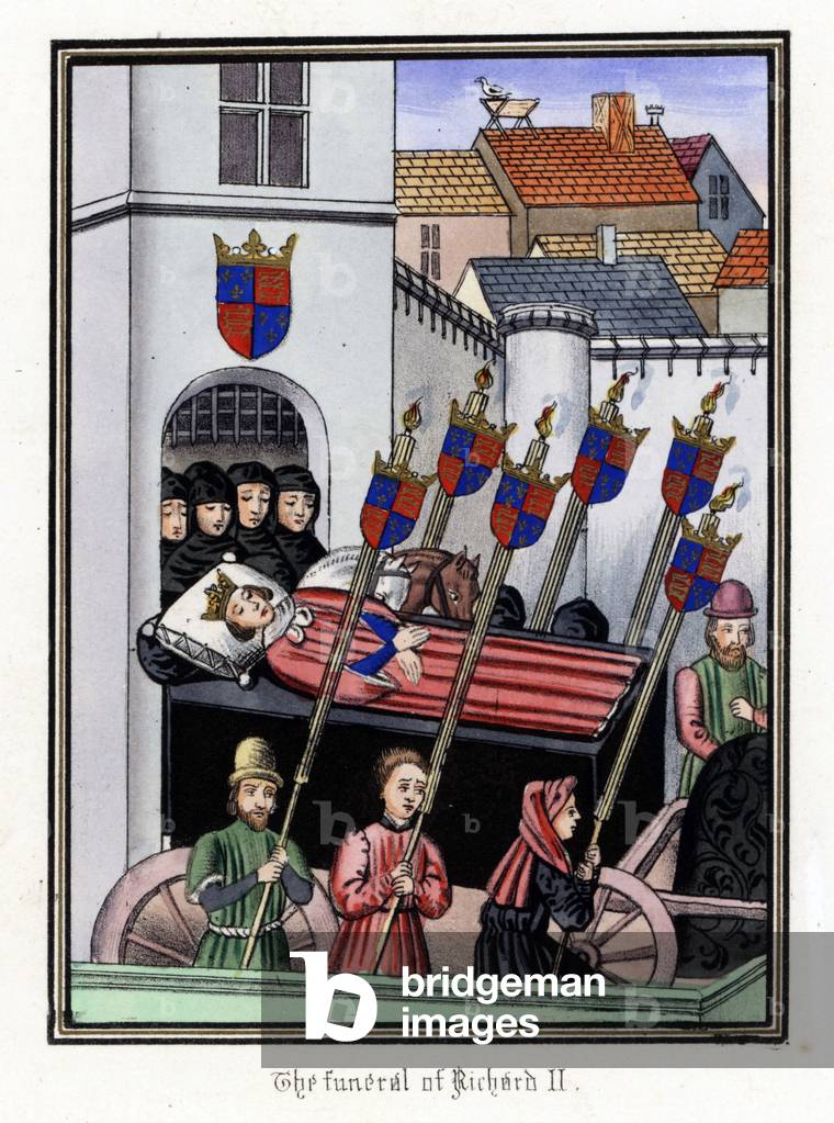 The funeral cortege of King Richard II of England (1367-1400), leaving the castle of Pontefract for the Cathedral of Saint Paul of London (England), 1400 - Lithography from the enluminated manuscript of John (Jehan) Froissart (1337-1404), 1868 - The funeral cortege of King leaving Richard II Pontefract Castle on its way to St. Paul's in London, 1400 - Handcoloured lithograph after an illuminated manuscript from Sir John Froissart's Chronicles, London, 1868