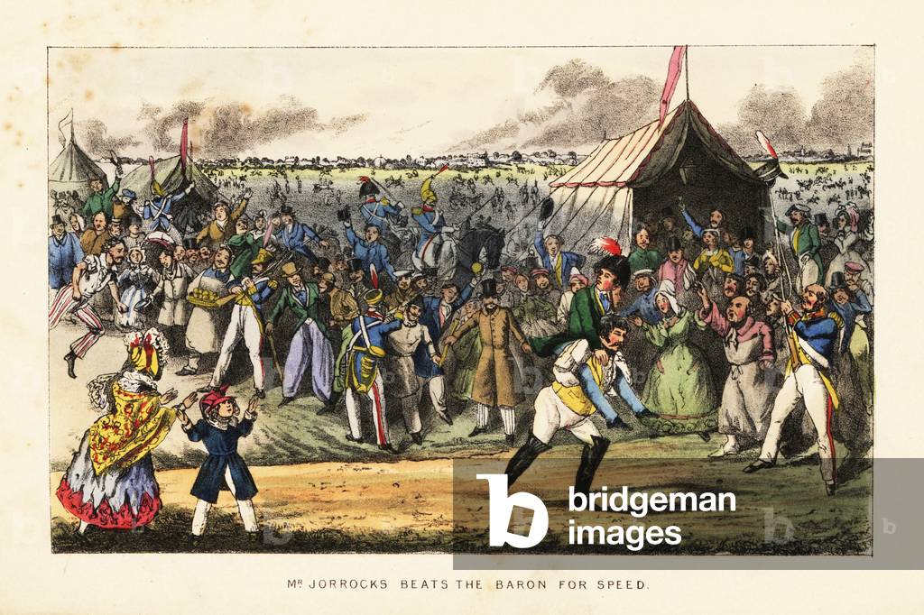 English gentlemen gambling on an unusual foot race during a horse-racing meet on the Champs de Mars, Paris, 19th century
