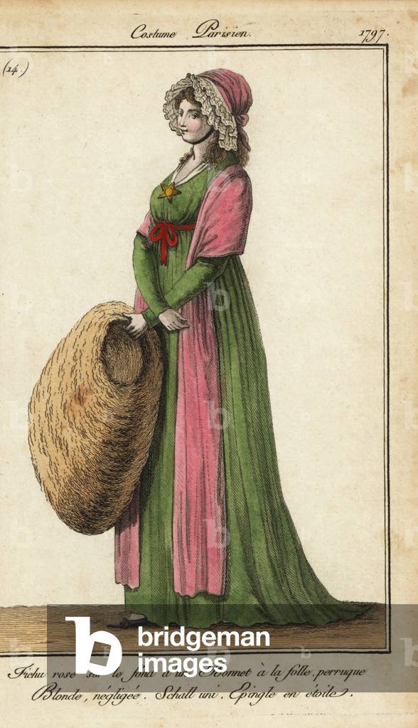 Woman in madwoman-style bonnet with huge fur muff, 1797 (handcoloured copperplate engraving)