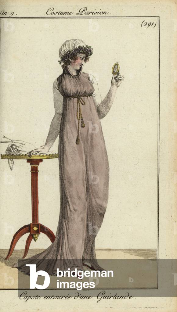 Fashionable woman looking at a locket, 1801 (handcoloured copperplate engraving)