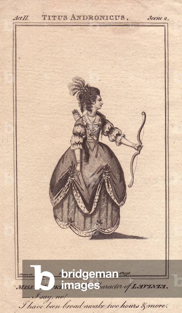Portrait of actress Priscilla Hopkins, in the role of Lavinia in the play “Titus Andronicus.”” by William Shakespeare (1564-1616). Vetue is fashionable from the 18th century, holding a bow and an arrow. Her career as an actress lasted from 1775 to 1796. Drawing by James Roberts, engraving published in “” Bell's Shakespeare””, John Bell, 1776, London, England.