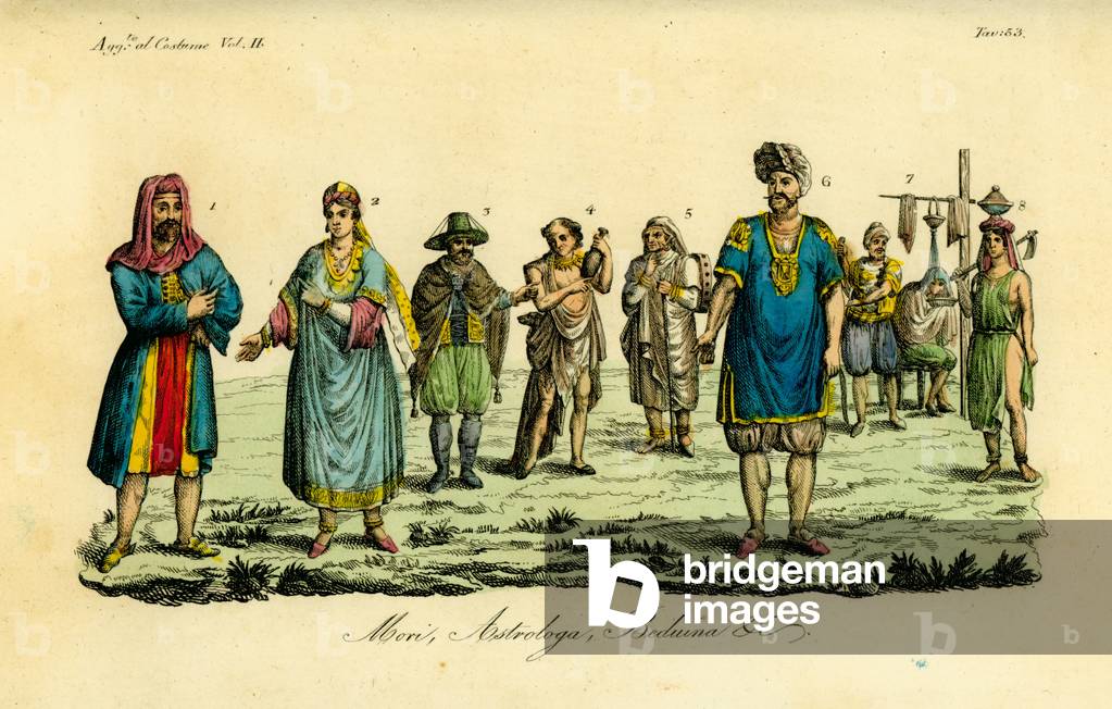 Muslim man on the Hajji to Mecca 1, Muslim woman 2, Muslim man in travel clothes 3, ordinary Muslim 4, Dervish saint 5, astrologer or Tagessa 6, muleteer 7, barber or Kagiem 8, Bedouin girl from near Beja (Beggia) 9