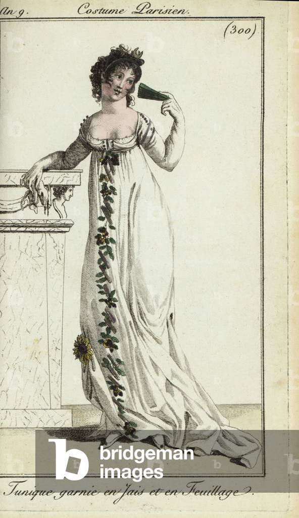 Fashionable woman or Merveilleuse in low-cut tunic dress, 1801 (handcoloured copperplate engraving)
