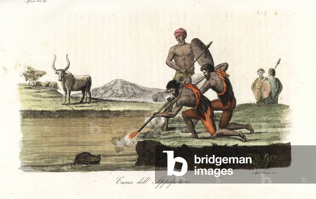 Abyssinians hunting hippopotamus with muskets and spears. Handcoloured copperplate engraving by Antonio Sasso from Giulio Ferrario's Ancient and Modern Costumes of all the Peoples of the World, 1843.