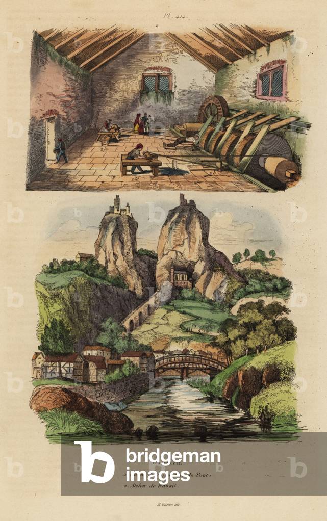 View of the town, bridge and crag church at Oberstein 1, and view of the agate and jasper gemstone polishing mill 2
