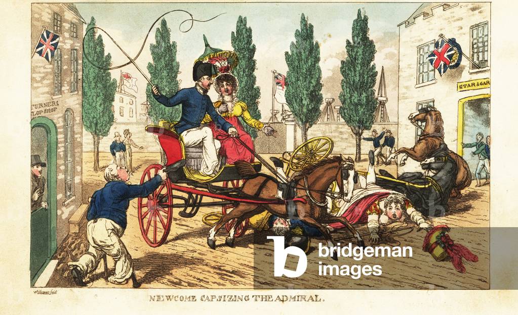 Midshipman Newcome crashes his gig into the admiral’s two-horse carriage in Gosport