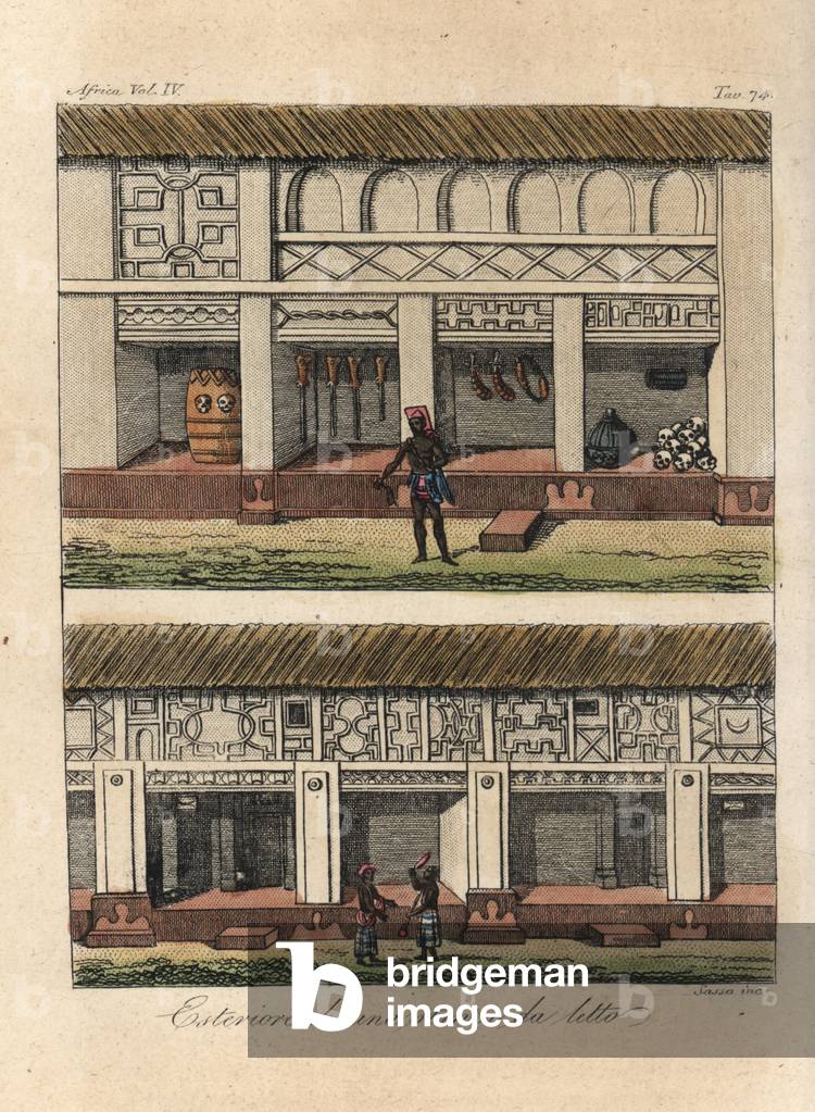 Exterior of bedrooms in houses in Kumasi, Kingdom of Ashanti (Ghana), early 19th century. Handcoloured copperplate engraving by Antonio Sasso from Giulio Ferrario's Ancient and Modern Costumes of all the Peoples of the World, 1843.