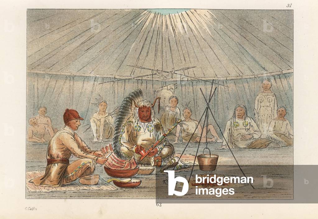 The second chief of the Mandan, Mah-to-toh-pa, Four Bears, in his teepee with George Catlin enjoying buffalo ribs, turnip pudding and buffalo berries. Handcoloured lithograph from George Catlin's Manners, Customs and Condition of the North American Indians, London, 1841.
