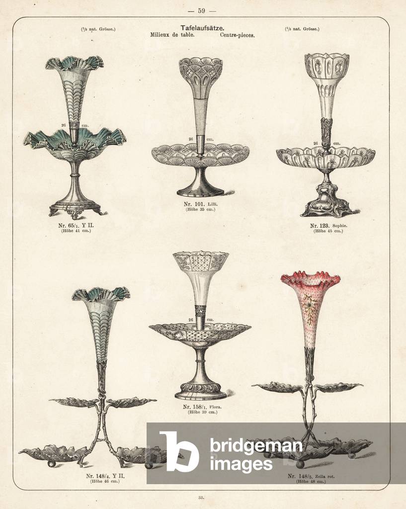 Metal centerpiece for the table. Lithograph from a catalog of metal products manufactured by Wuerttemberg Metalware Factory, Geislingen, Germany, 1896.- Catalogue of metal products manufactured by Wuerttemberg Metalware Factory, Geislingen, Germany, 1896 -