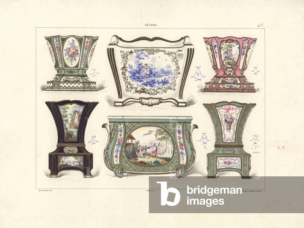 Flower pots or gardeners: owned by Edouard Andre 1760, decorated by Vieillard 1754, owned by Baron Alphonse de Rothschild 1752, decorated by Vieillard 1759, painted by Charles-Nicolas Dodin 1760, painted by Bulidon 1764. Chromolithograph by Gillot of an illustration by Edouard Garnier from The Soft Paste Porcelain of Sevres, Maison Quinn, Paris, 1891.