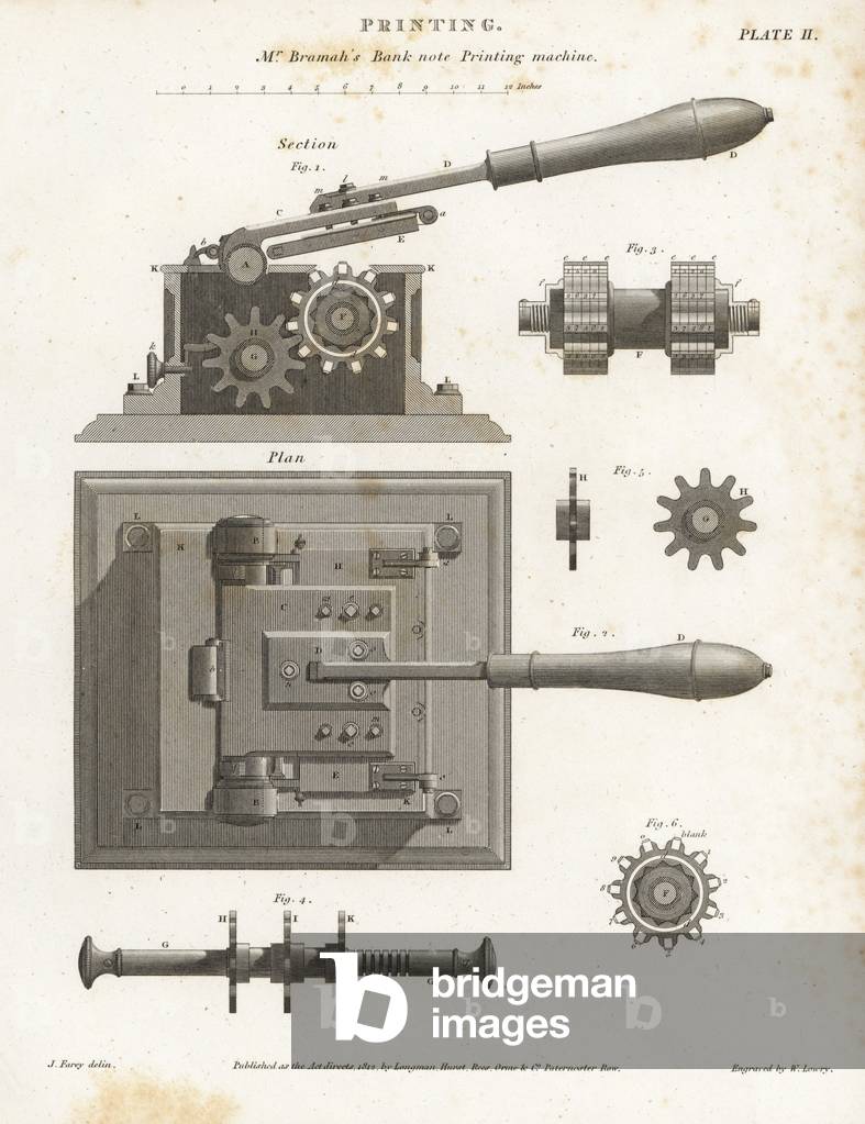 John Bramah's banknote printing press for printing sequential serial numbers, 1806. Copperplate engraving by Wilson Lowry after an illustration by J. Farey from Abraham Rees' “” Cyclopedia or Universal Dictionary,” London, 1812.