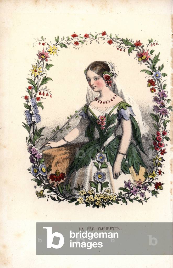La fee Fleurette - Lithography by Louis Lassalle, extracted from Les fleurs parlantes by Louise Leneveux (1800-18?) , Paris, 1848 - (The fairy floret within a garland of flowers - Handcoloured frontispiece lithograph by Lassalle from L. Leneveux, The Talking Flowers, Paris, 1848)