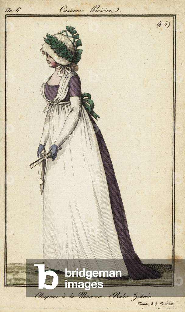 Fashionable woman in Minerva hat at Tivoli Gardens, 1798 (handcoloured copperplate engraving)