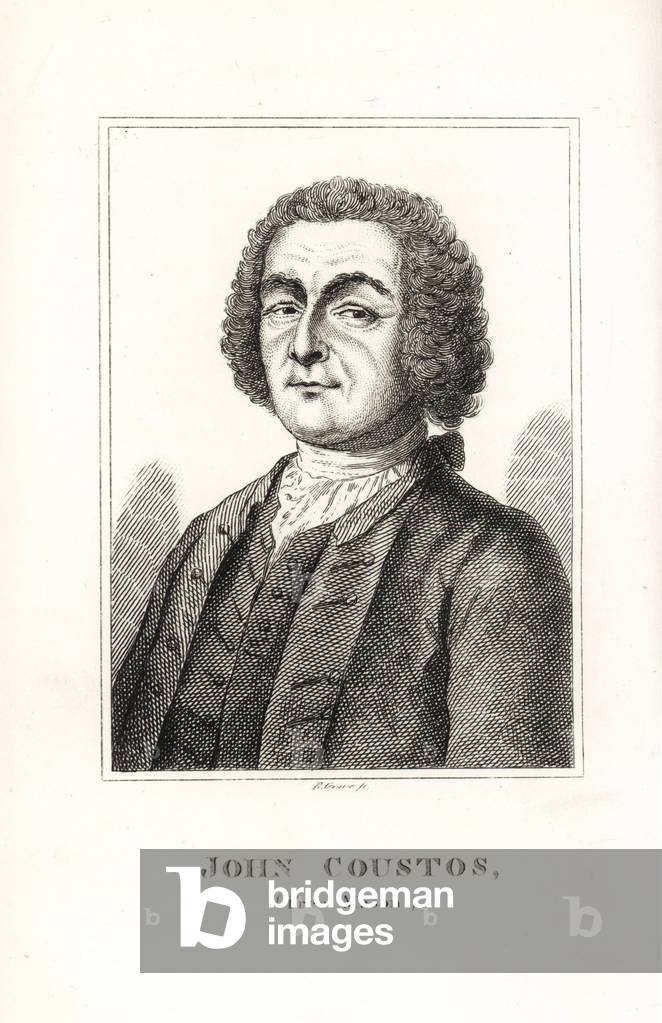 John Coustos, Swiss lapidary tortured by the Inquisition or Auto Da Fe in Portugal for being a Freemason. Copperplate engraving by R. Grave from John Caulfield's Portraits, Memoirs and Characters of Remarkable Persons, Young, London, 1819.