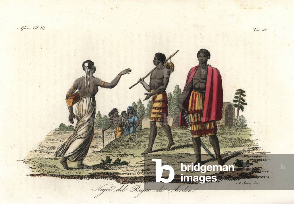 Natives of the kingdom of Ardra (Benin). Handcoloured copperplate engraving by Antonio Sasso from Giulio Ferrario's Ancient and Modern Costumes of all the Peoples of the World, 1843.
