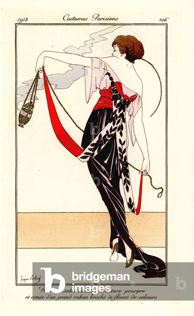 Woman in violet satin dress with purple sash, 1913 (stencil)