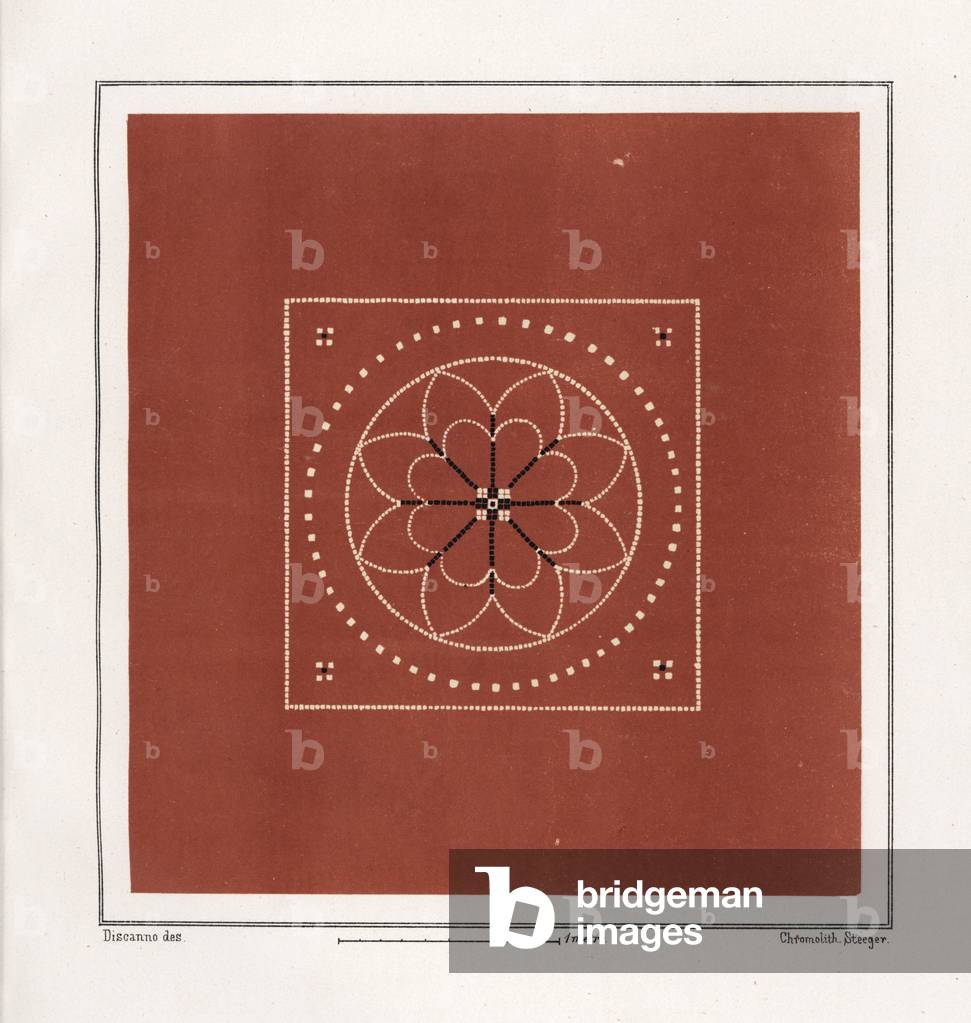 Floor mosaic from the new fullonica (fuller's shop), Regio VI, Insula XIV, 21. Chromolithograph by Victor Steeger after an illustration by Geremia Discanno from Emile Presuhn (1844-1878) The Most Beautiful Paintings of Pompeii, Leipzig, 1881.