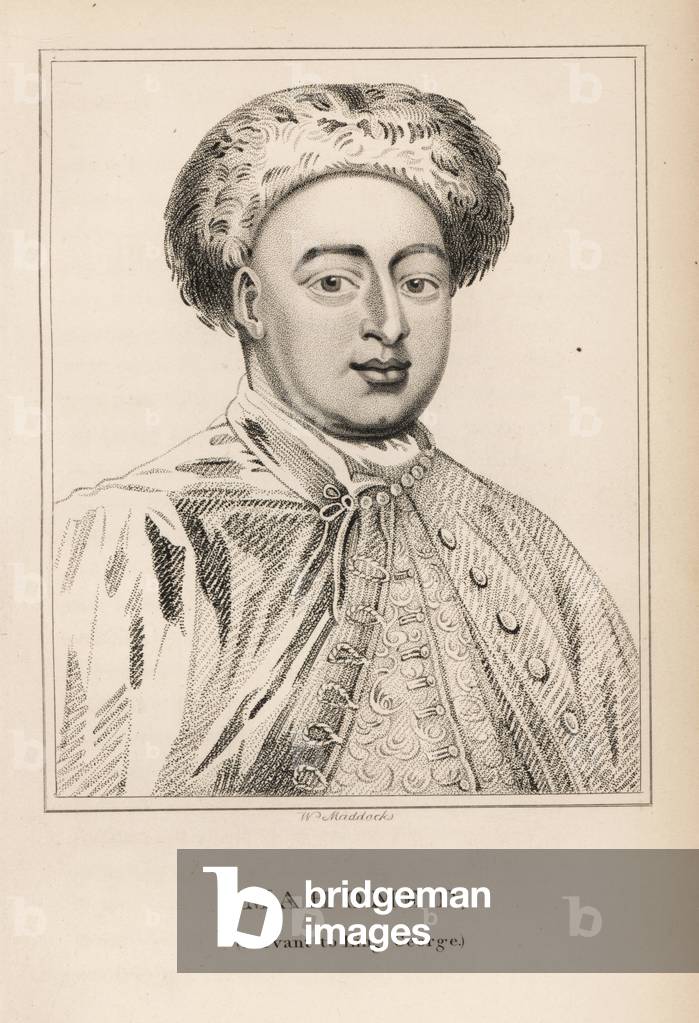Louis Maximilian Muhammad, Turkish servant to King George I, died 1726. Engraving by W. Maddocks from James Caulfield's Portraits, Memoirs and Characters of Remarkable Persons, London, 1819.