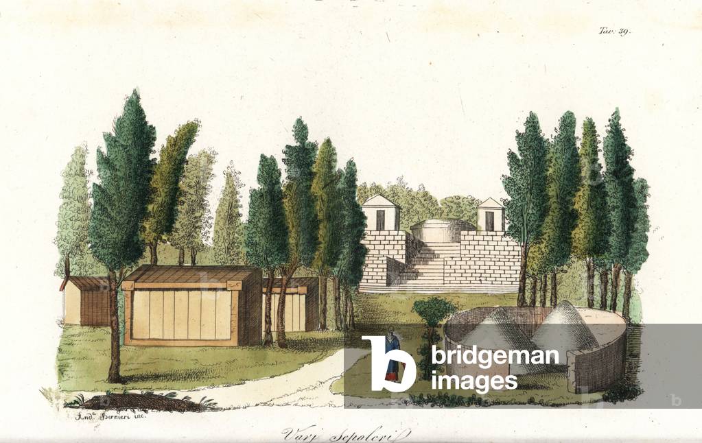 Chinese tombs in a cemetery. Handcoloured copperplate engraving by Andrea Bernieri from Giulio Ferrario's Ancient and Modern Costumes of all the Peoples of the World, 1843.