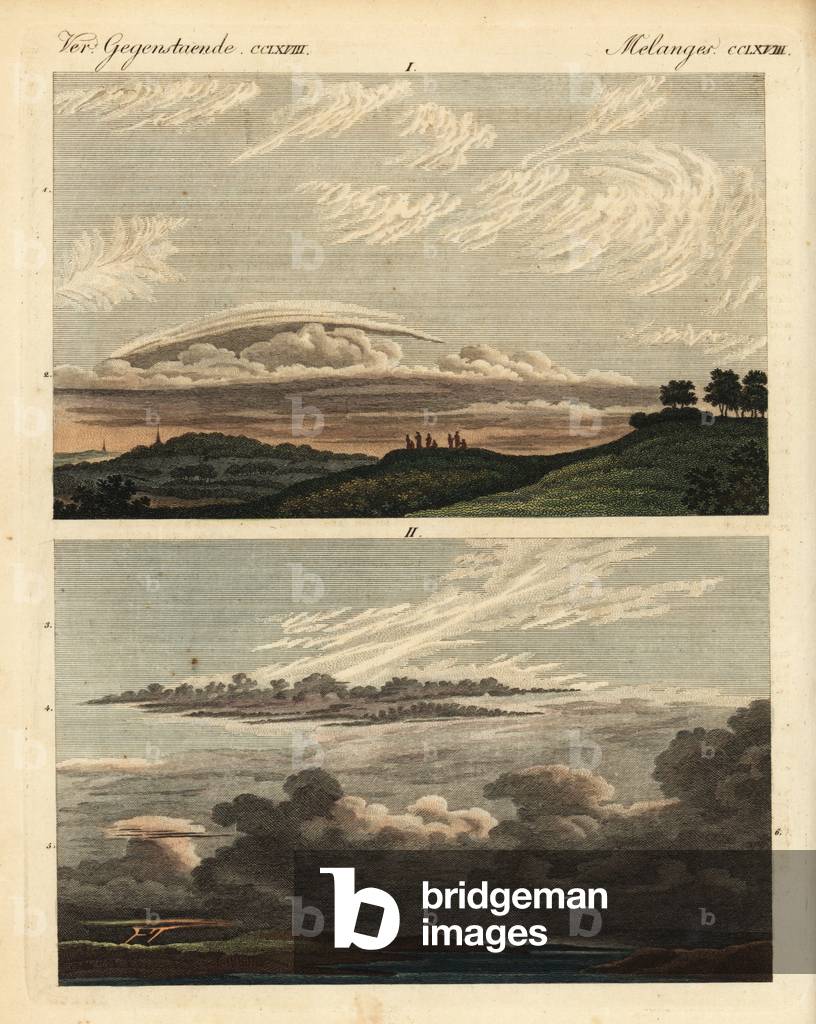 Natural history of clouds: cirrus, cirrostratus, cirrocumulus, nimbus, etc. Handcoloured copperplate engraving from Friedrich Johann Bertuch's Bilderbuch fur Kinder (Picture Book for Children), Weimar, 1823.