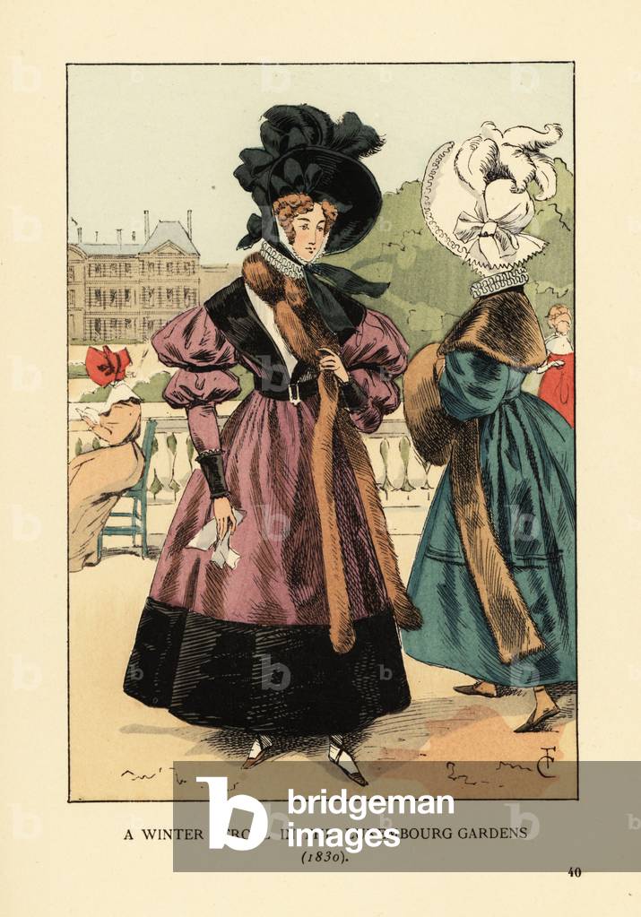 A winter stroll in the Luxembourg Gardens, 1830. Woman in large bonnet with plumes, dress with sleeves en beret trimmed with velvet, high lace collar, and fur scarf. Handcoloured lithograph by R.V. after an illustration by Francois Courboin from Octave Uzanne’s Fashion in Paris, William Heinemann, London, 1898.