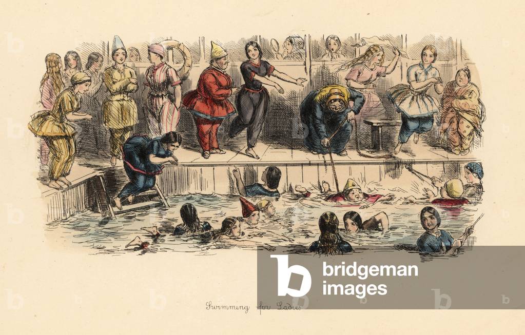 Swimming for Ladies, 1860. Women and girls in full body bathing suits diving, swimming and playing in a Victorian pool. Handcoloured etching by John Leech from Follies of the Year, from Punchõs Pocket Books, Bradbury, London, 1864.