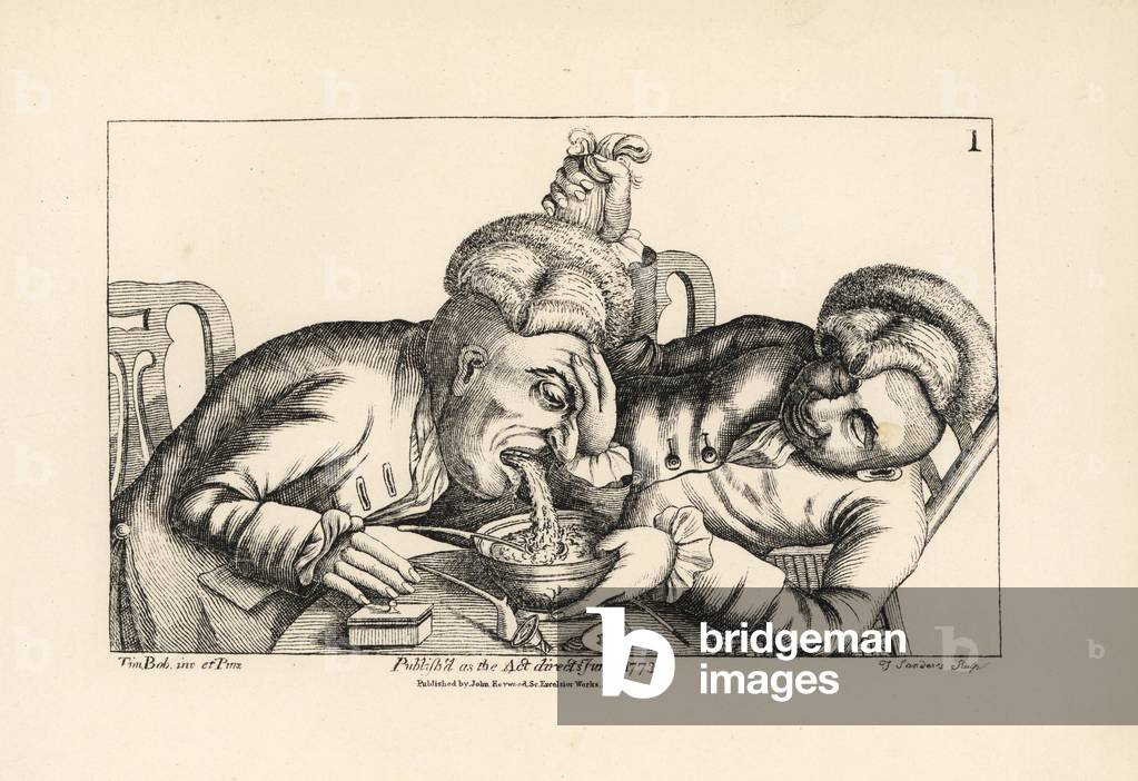 Two drunks at a table, one vomiting while another holds his wig to stop it falling into the bowl. Copperplate engraving by Thomas Sanders after a satirical illustration by Timothy Bobbin (John Collier) (1708-1786) from Human Passions Delineated, John Haywood, Manchester, 1773.