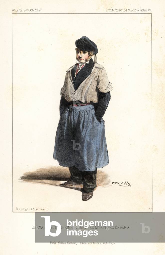 English actor Jemma in Chourineur in Les Mysteres de Paris, Theatre de la Porte St. Martin, 1844. Handcoloured lithograph after an illustration by Victor Dollet from Galerie Dramatique: Costumes des Theatres de Paris, Paris, 1845.