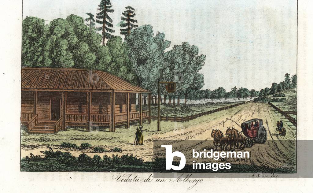 View of a hotel in Philadelphia, Pennsylvania, 18th century. Handcoloured copperplate engraving by Sasso from Giulio Ferrario's Ancient and Modern Costumes of all the Peoples of the World, 1837.