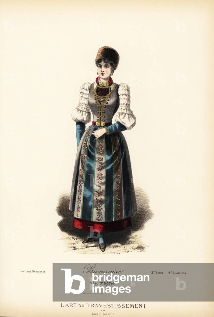Woman of Bavaria, Germany, 19th century. Handcoloured lithograph after a design by Leon Sault from “” L'Art du Travestissement” (The Art of Fancy Dress), Paris, c.1880. Sault was a theatre and opera designer and luxury fashion magazine publisher.