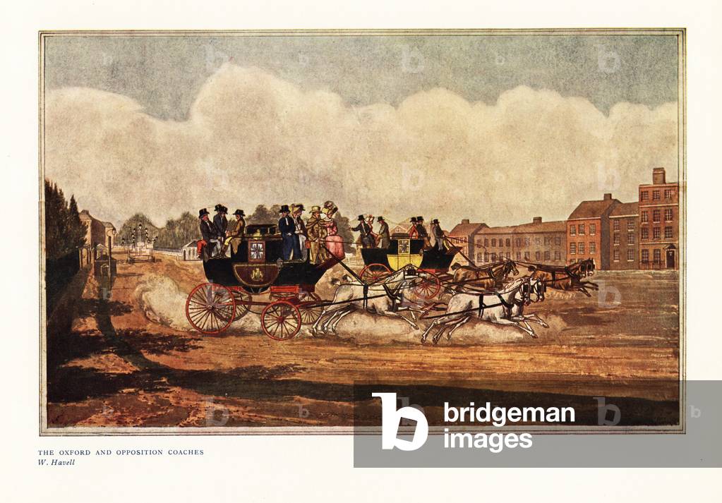 The Oxford and Oppostion coaches. Famous race between two coaches, The Oxford Age and the Royal William, between Oxford and London, May 1, 1834. Two four-horse coaches racing along a broad road past a toll booth. Color print after an engraving from an illustration by W. Havell in Ralph Nevill’s Old Sporting Prints, The Connoisseur Magazine, London, 1908.