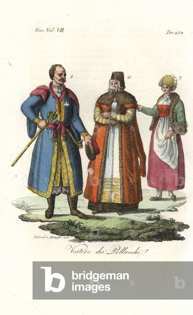 Polish costumes, 18th century. Polish broker 5, nobleman 6, and woman of Snatietz near the border of the Ottoman Empire 7. Handcoloured copperplate engraving by Giarre and Stanghi from Giulio Ferrario's Costumes Ancient and Modern of the Peoples of the World, 1847.
