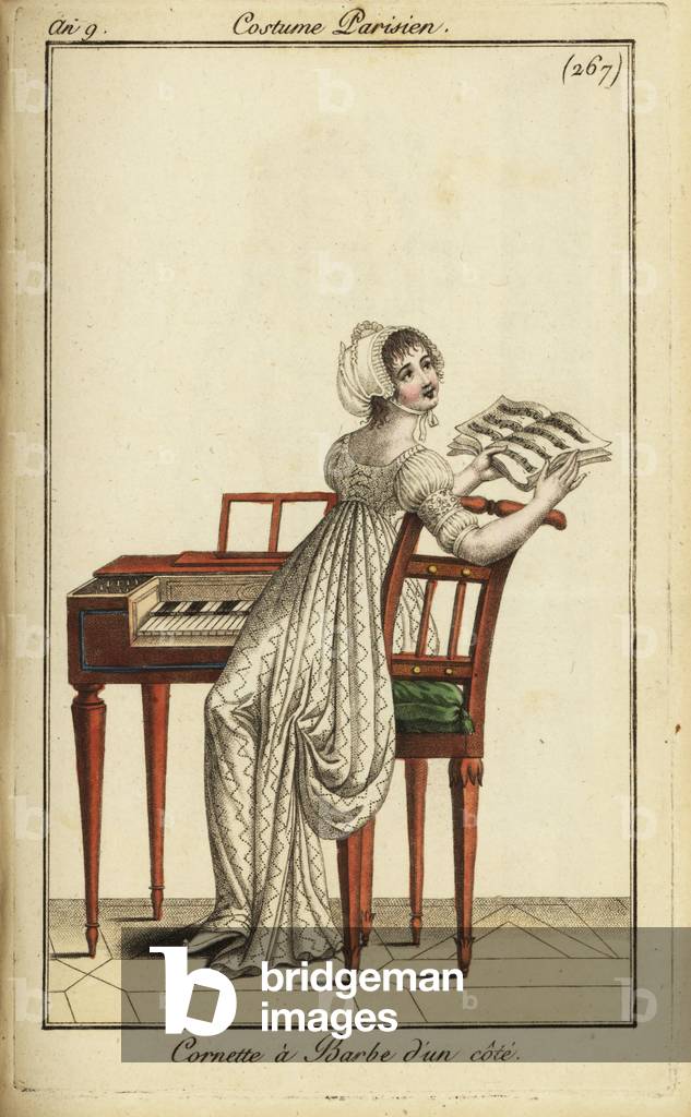 Fashionable woman playing a harpsichord, 1800 (handcoloured copperplate engraving)