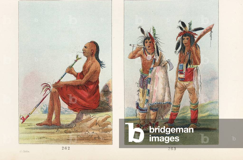 Menominee men: old chief Coo-coo-coo, Owl 262, and two youths with war club, tomahawk, blanket, and courting flute 263. Handcoloured lithograph from George Catlin's Manners, Customs and Condition of the North American Indians, London, 1841.