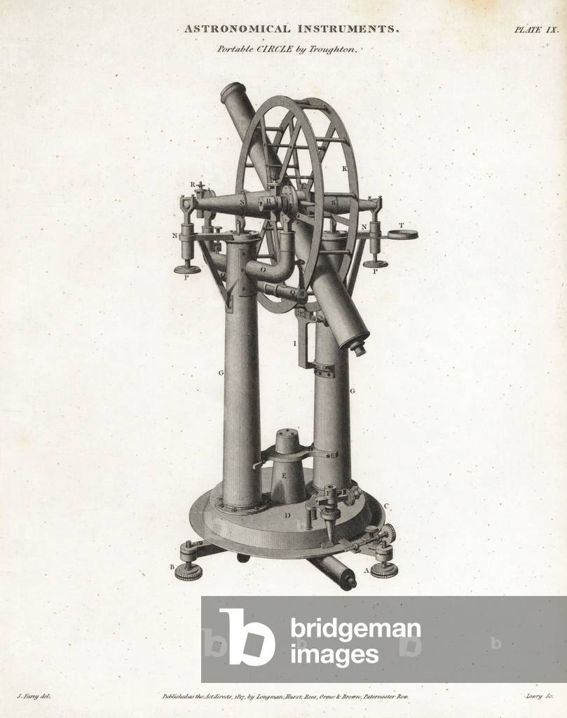 Portable circle by Edward Troughton, English maker of astronomical instruments. Copperplate engraving by Wilson Lowry after a drawing by J. Farey from Abraham Rees' Cyclopedia or Universal Dictionary of Arts, Sciences and Literature, Longman, Hurst, Rees, Orme and Brown, London, 1820.