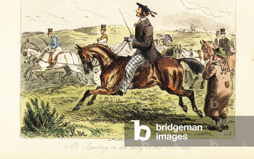 English gentleman with whiskers in tam o’shanter cap riding a horse on his way to a picnic in the country