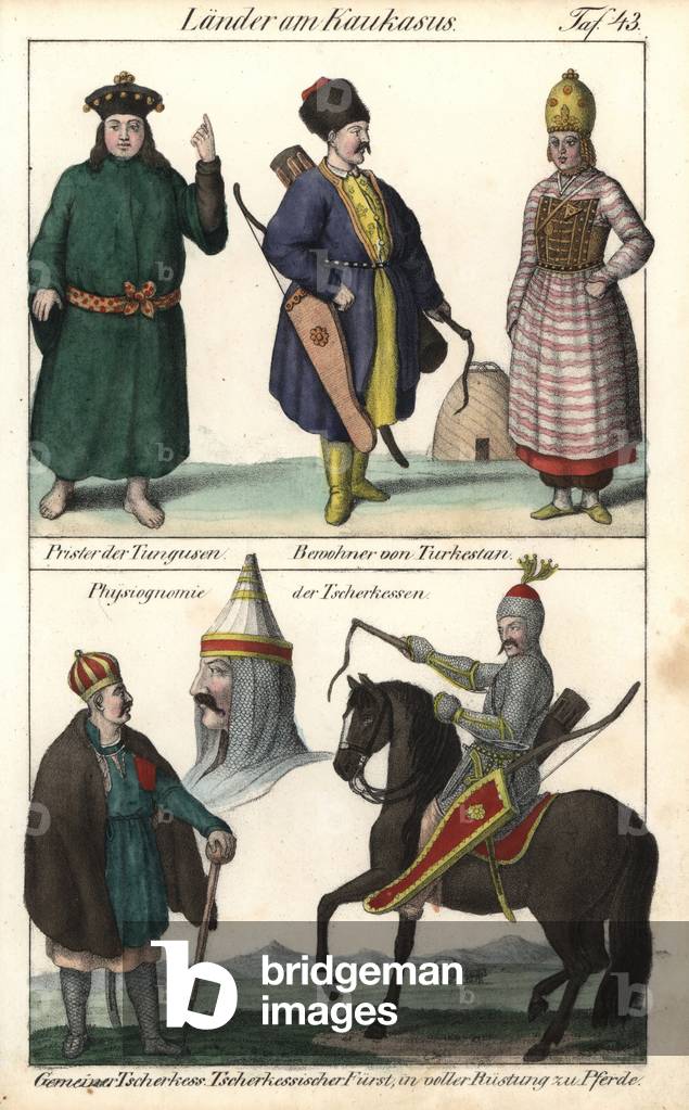 Caucasus costumes: a Tungus priest, a Turkestan couple in front of their tent, a Circassian man and a horse prince in armor. Lithography for the book: “” Galerie complete en tableaux fideles des peuples d'Asie”” by Friedrich Wilhelm Goedsche (1785-1863), edition Meissen (Germany), 1835-1840. Peoples of the Caucasus mountains: Tungus priest, inhabitants of Turkestan in front of a tent, and Circassian man and prince in chain-mail armour on horseback. Handcoloured lithograph from Friedrich Wilhelm Goedsche's “” Vollstaendige Voelkergallerie in getreuen Abbildungen”” (Complete Gallery of Peoples in True Pictures), Meissen, circa 1835-1840.