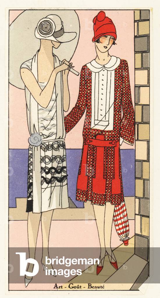 Women in afternoon dresses in printed muslin and in printed crepe, carrying umbrellas - Lithograph with stencil handcolour from the luxury French fashion magazine “” Art, Gout, Beaute,”” 1926