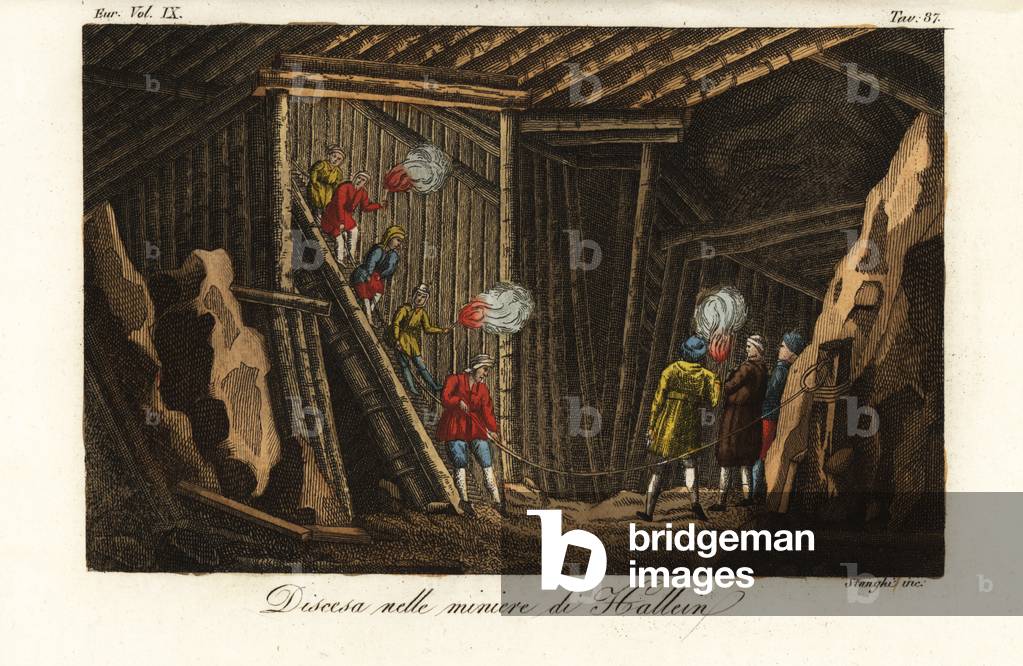 Descent into the Hallein Salt Mine, Austria, 18th century (handcoloured copperplate engraving)
